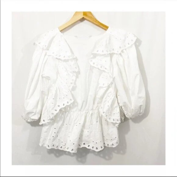 ZARA EYELET RUFFLE PUFF SLEEVE COTTON OUTWORK OPENWORK EMBROIDERED TOP - Picture 7 of 10